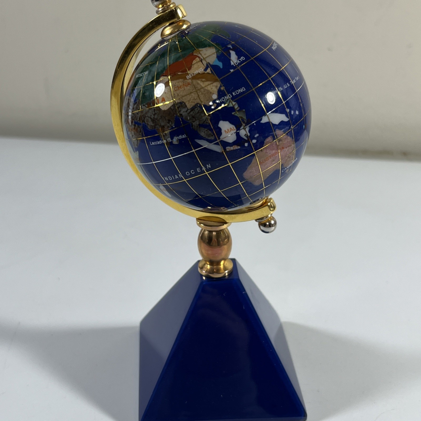 7 Semi-Precious Inlaid Gemstones Tabletop World Globe 7 Inches Tall