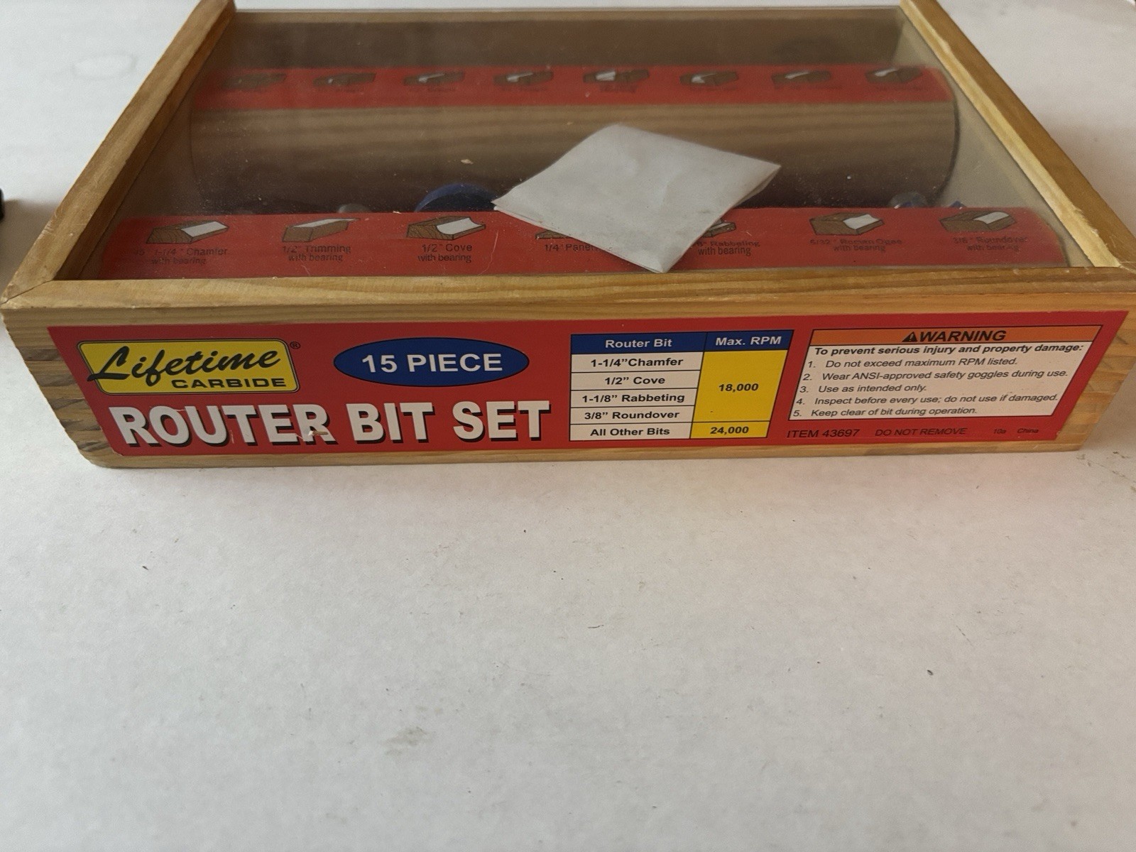 Lifetime Carbide 15-Pc Router Bit Set Woodworking Carbide Tips Wooden Case
