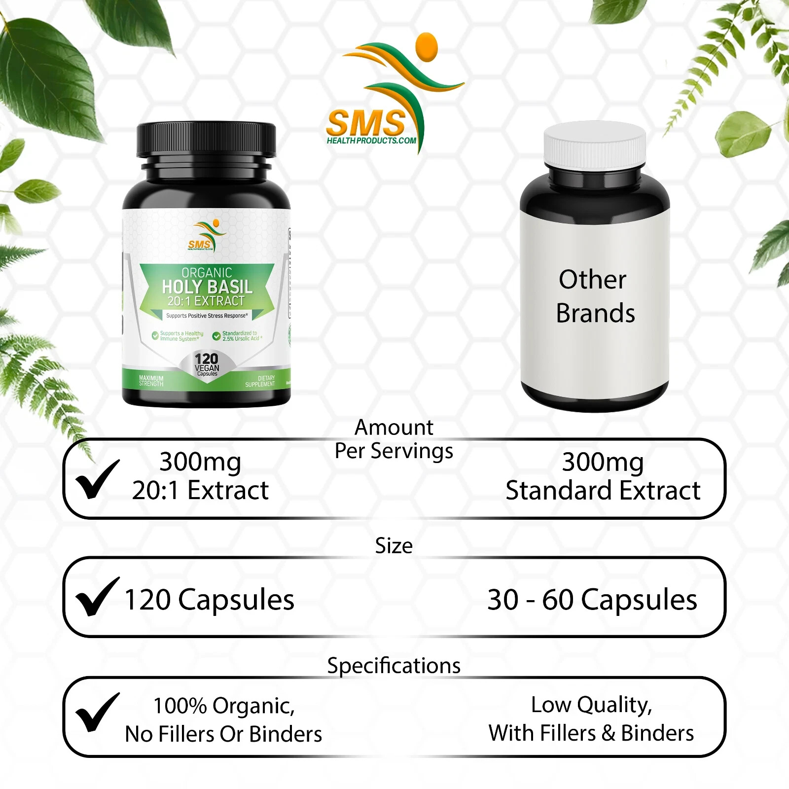 Holy Basil 20:1 Extract 2.5% Ursolic Acid Organic 120 Veg Capsules Made in USA