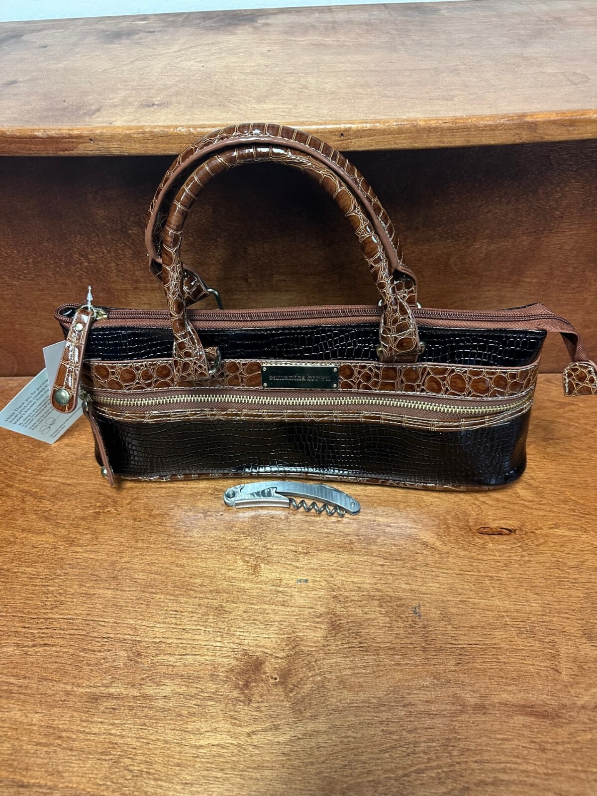 NEW Samantha Brown Insulated Wine Purse Croc Black / Camel Color With Corkscrew