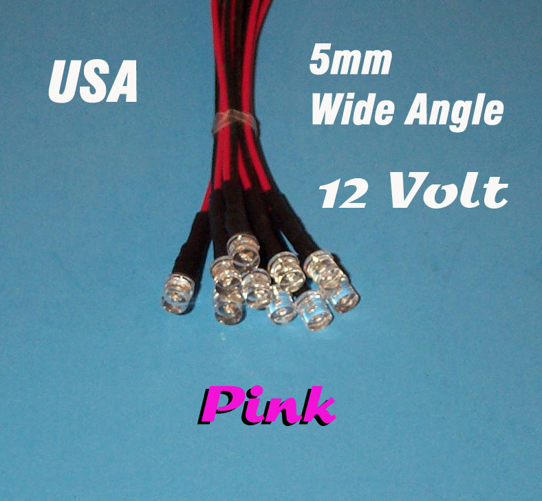 10 x LED - 5mm PRE WIRED 12 VOLT ~ WIDE VIEW PINK ~ 12V PREWIRED