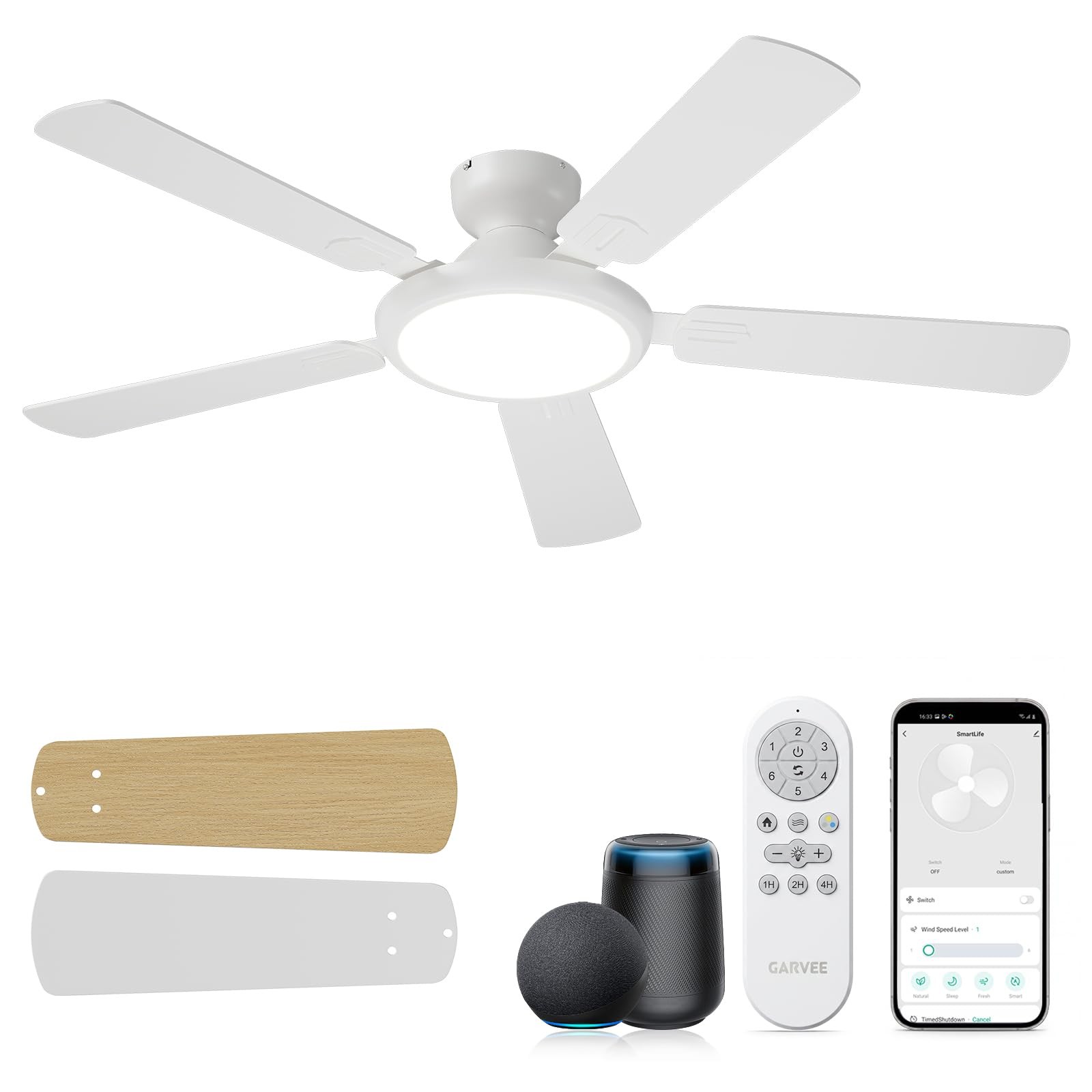 52" Smart Ceiling Fan with Light,  Dimmable Quiet Reversible DC Motor, 6 Speeds