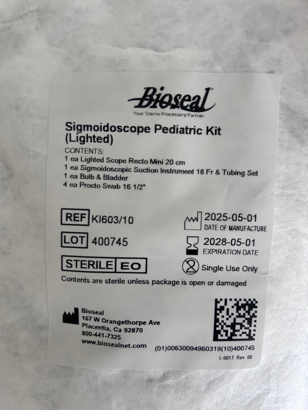 10 pack Universal Bioseal Sigmoidoscope Pediatric K1603 Lighted