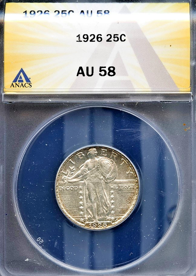1926 25c Silver Standing Liberty Quarter AU 58 ANACS # 7492179 + Bonus