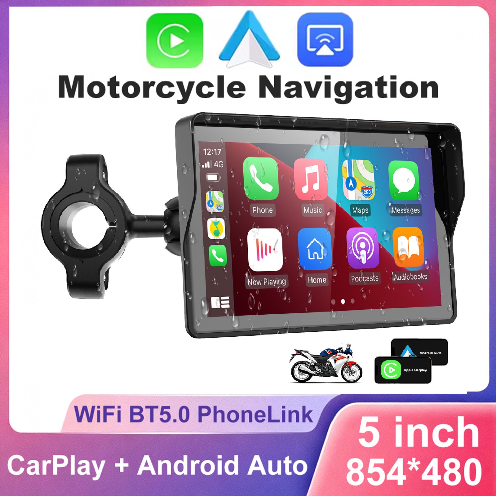 5 Inch Motorcycle Navi Wireless Carplay Android Auto IP67 Waterproof Touchscreen