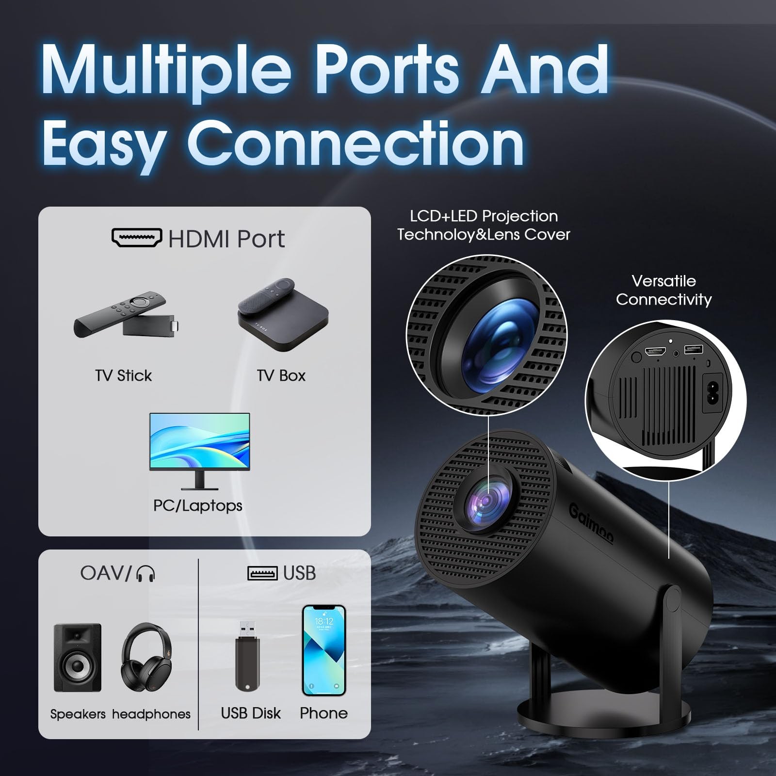 Mini Projector Support 4K 1080P FHD Portable Projector Builtin App