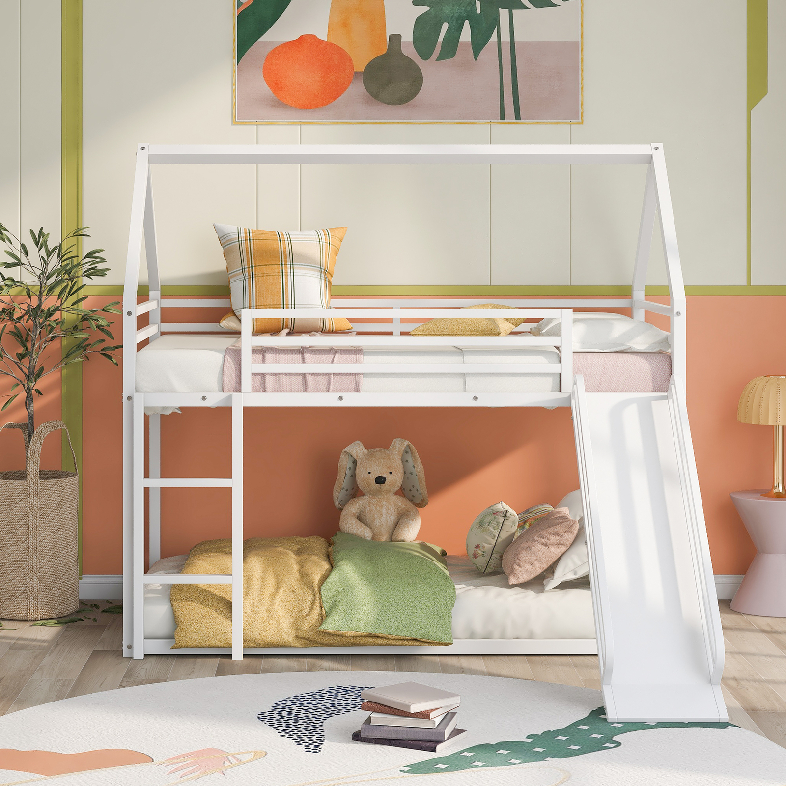 Twin over Twin Metal Bunk Bed W/ Slide /Ladder /Guardrail For Kids Teens White