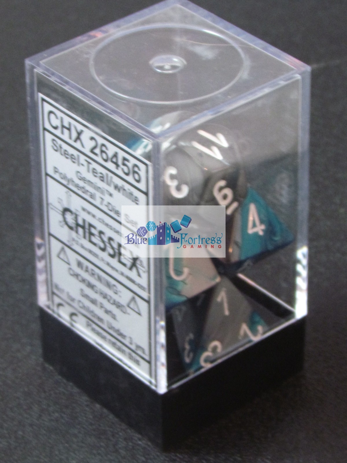 CHESSEX GEMINI DICE - 7 DIE SET STEEL-TEAL WHITE D20 D10..