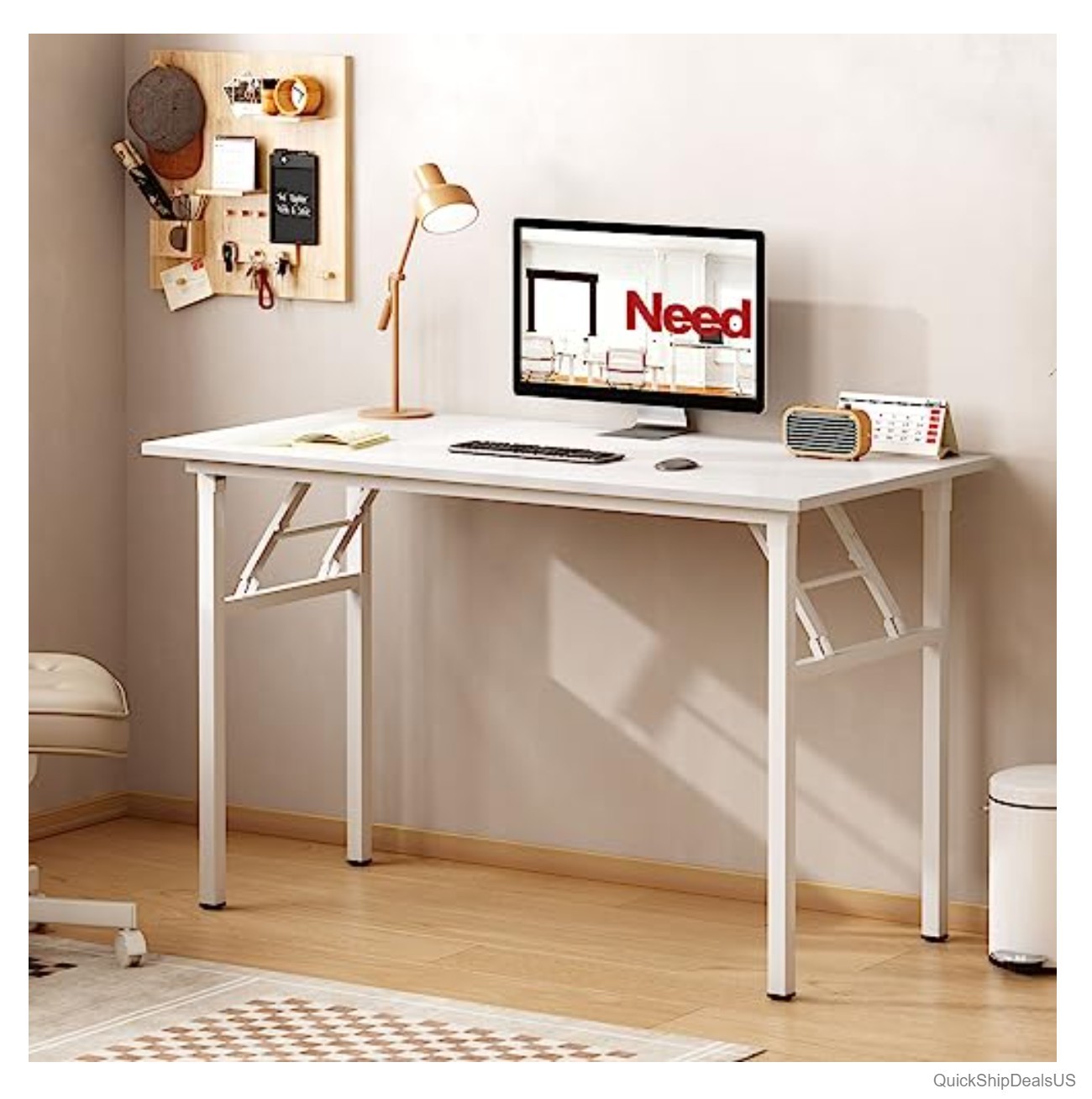 Folding Desk 39 Inch Computer Table Teak White Frame No Assembly Needed Office