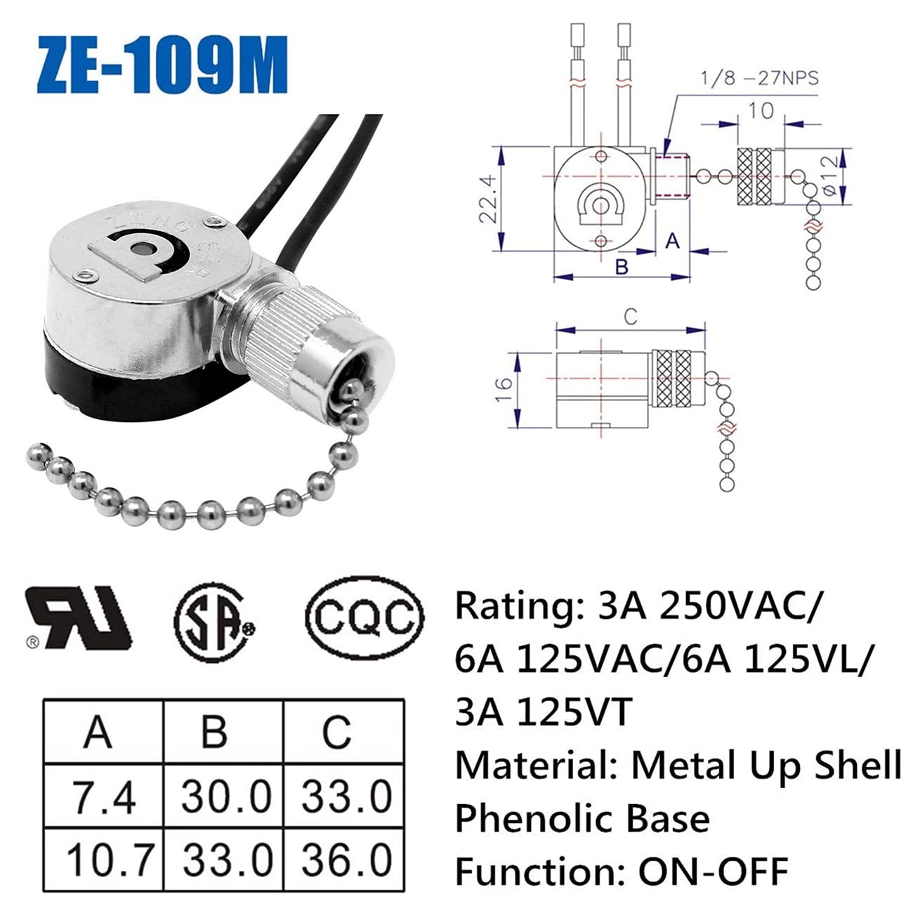 Ceiling Pull Chain Switch ZE-109M Zing Ear Metal Pull Chain Light Switch ON-O...