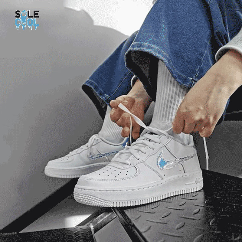 Nike Air Force GS White Leather Digital Swoosh Youth Sneakers  CW1577-100