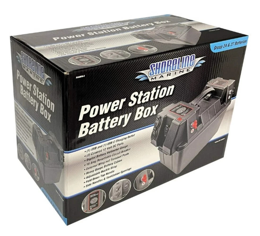 Shoreline Marine Deluxe Power Station Boat Battery Box with USB & USB-C Fits 27M