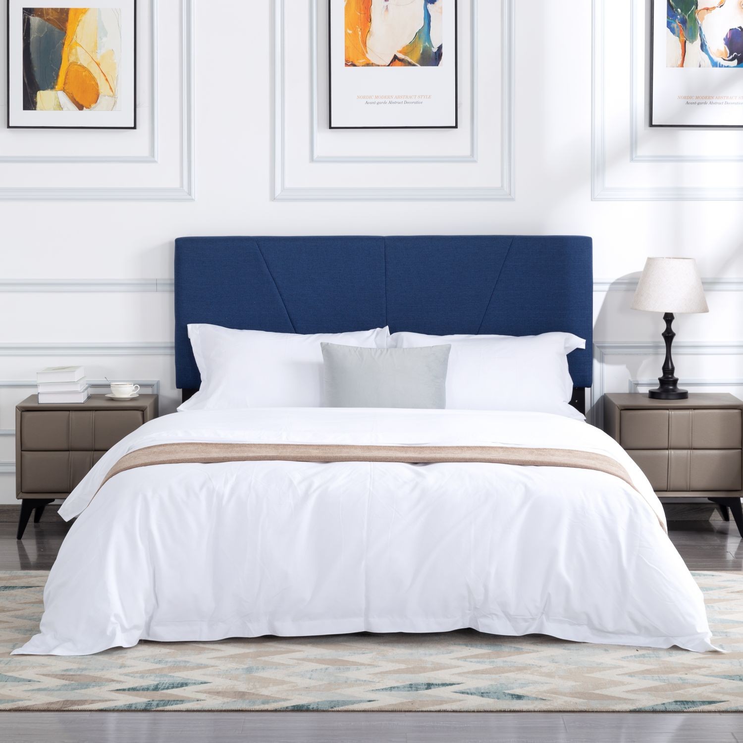 Modern Upholstered Queen Bed Linen or Velvet Fabric w/ Headboard & Support Blue
