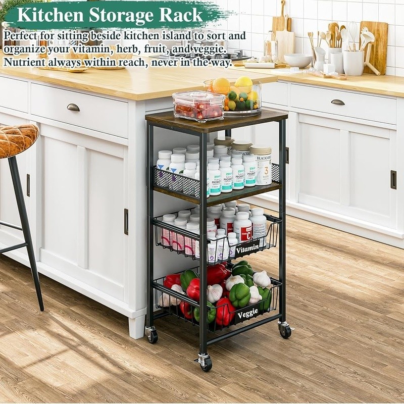 Rolling Kitchen Cart W/ Pull-Out Baskets Snack Organizer Fruit Storage New