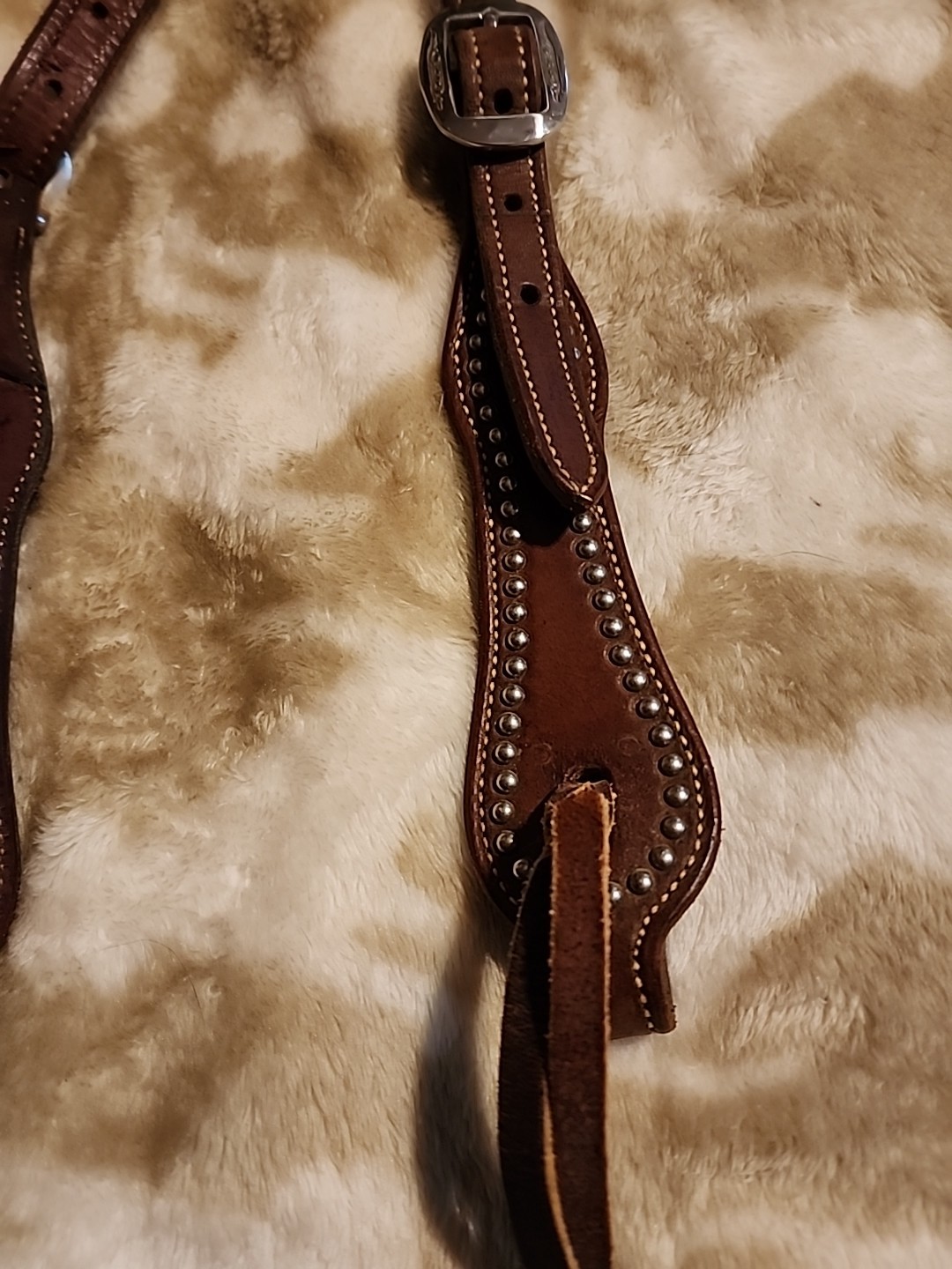 Double Eared Silver Dot Western Bridle Headstall Med Brown Leather EUC