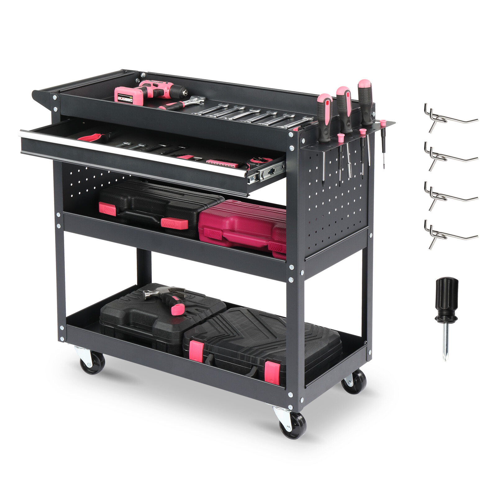 3Tier Heavy Duty Rolling Tool Cart with Pegboard Drawer Hook for Garage,Black