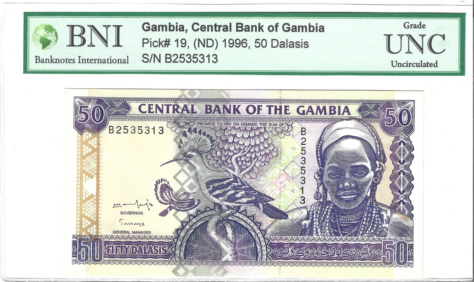 GAMBIA 50 DALASIS ND 1996 P 19 Choice UNC AUTHENTICATED