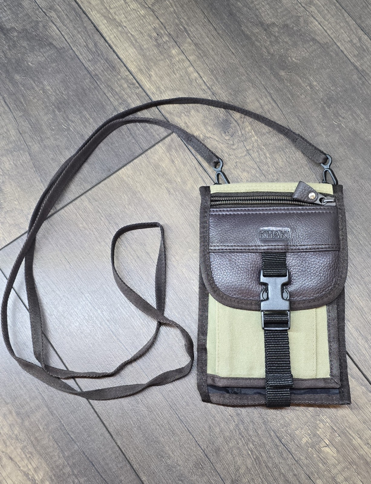 Khaki Nylon Travel Passport & ID Neck Pouch w/ Neck Strap, Clear Window Brown