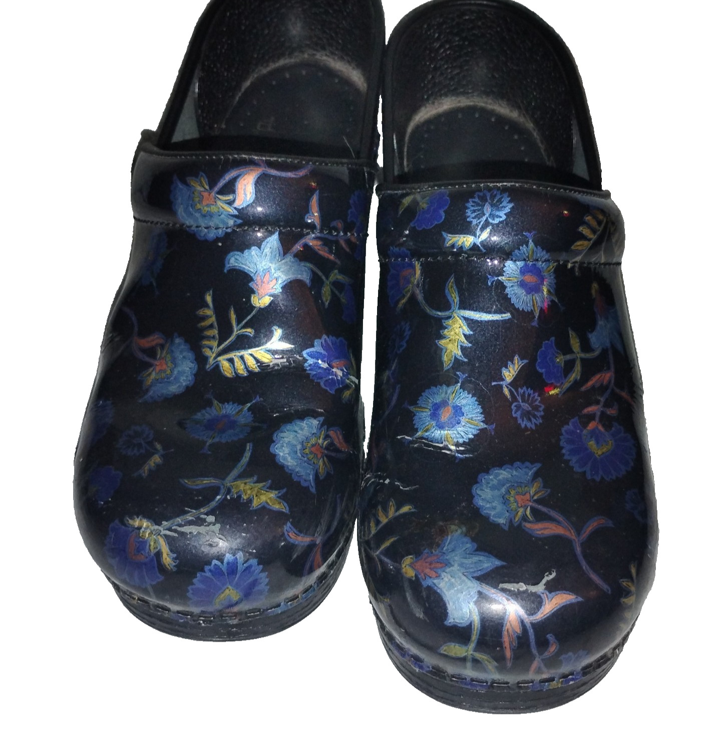 Dansko Clogs Nursing Shoes Women Sz: 8.5 or 39 Black Blue Floral Flowers Slip On