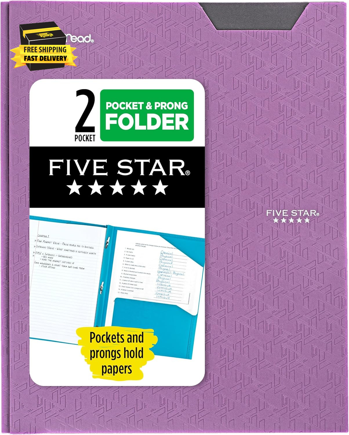 2-Pocket Folder, Plastic Folder with Stay-Put Tabs and Prong Fasteners, Holds 8-