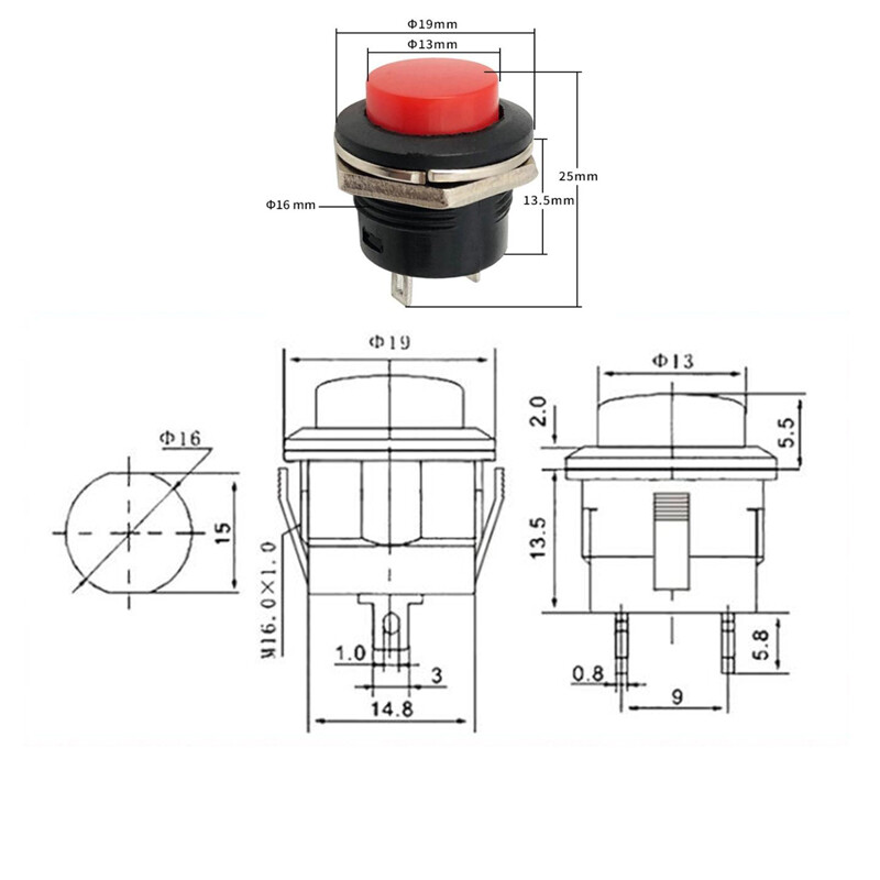 16mm Round Push Button Momentary Switch Black White Red Green Blue Yellow Switch