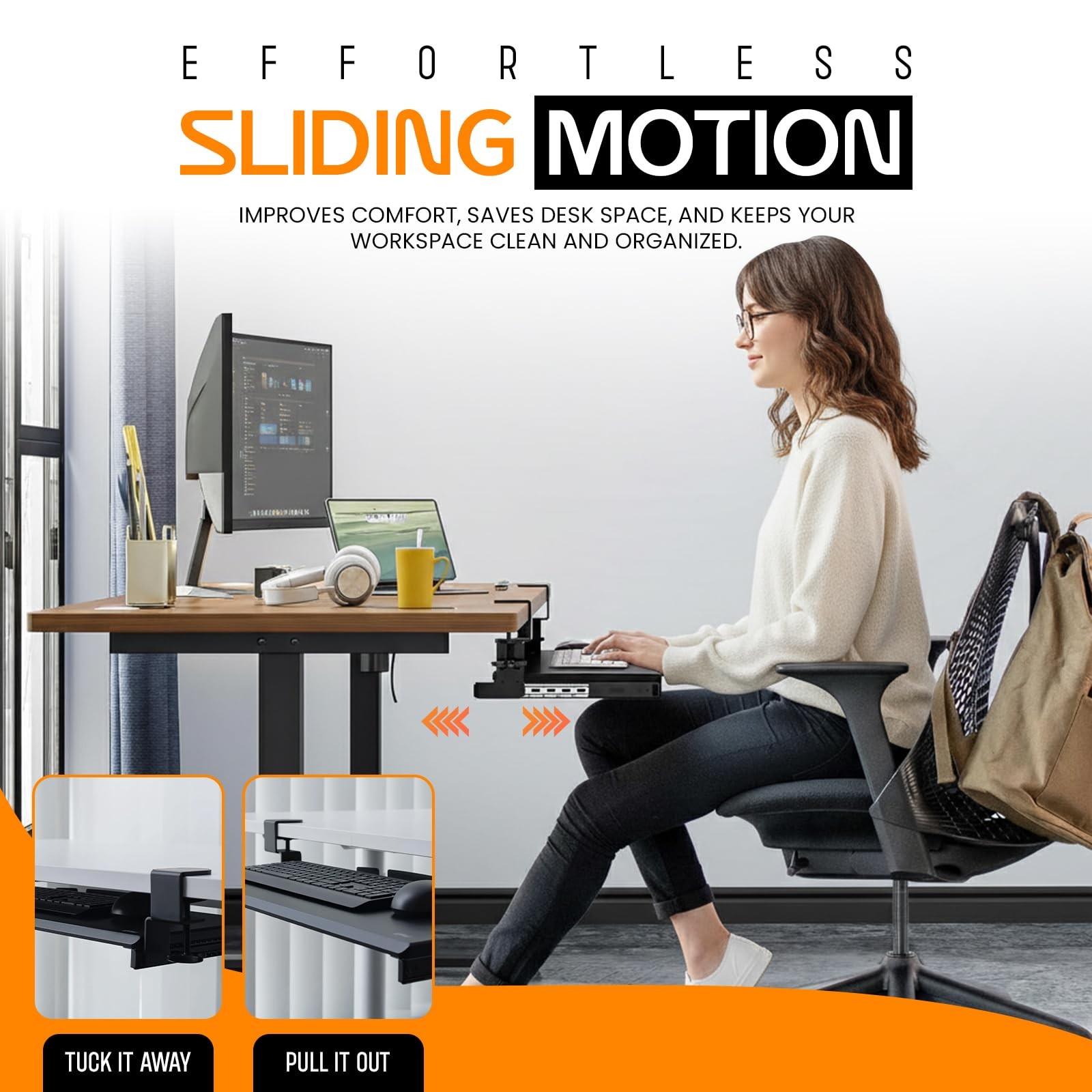 Keyboard Tray Under Desk Slide Out | MDF Board Platform with Iron Rail | Ergo...