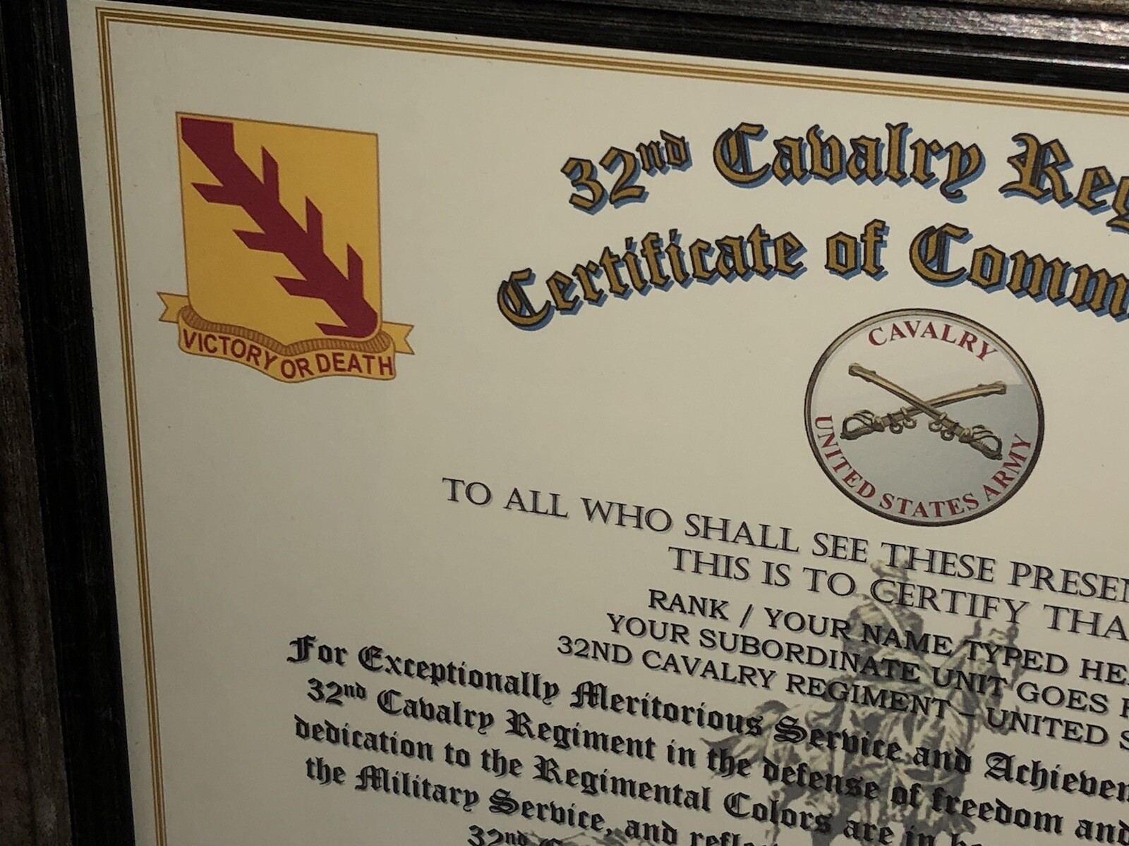 32ND U.S. CAVALRY REGIMENT / COMMEMORATIVE - CERTIFICATE OF COMMENDATION