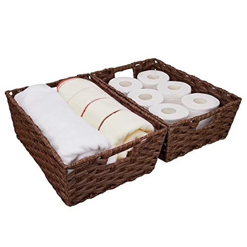 Large Wicker Storage Basket Metal Frame Set Of 2 Washable Waterproof 15" X 10.3"
