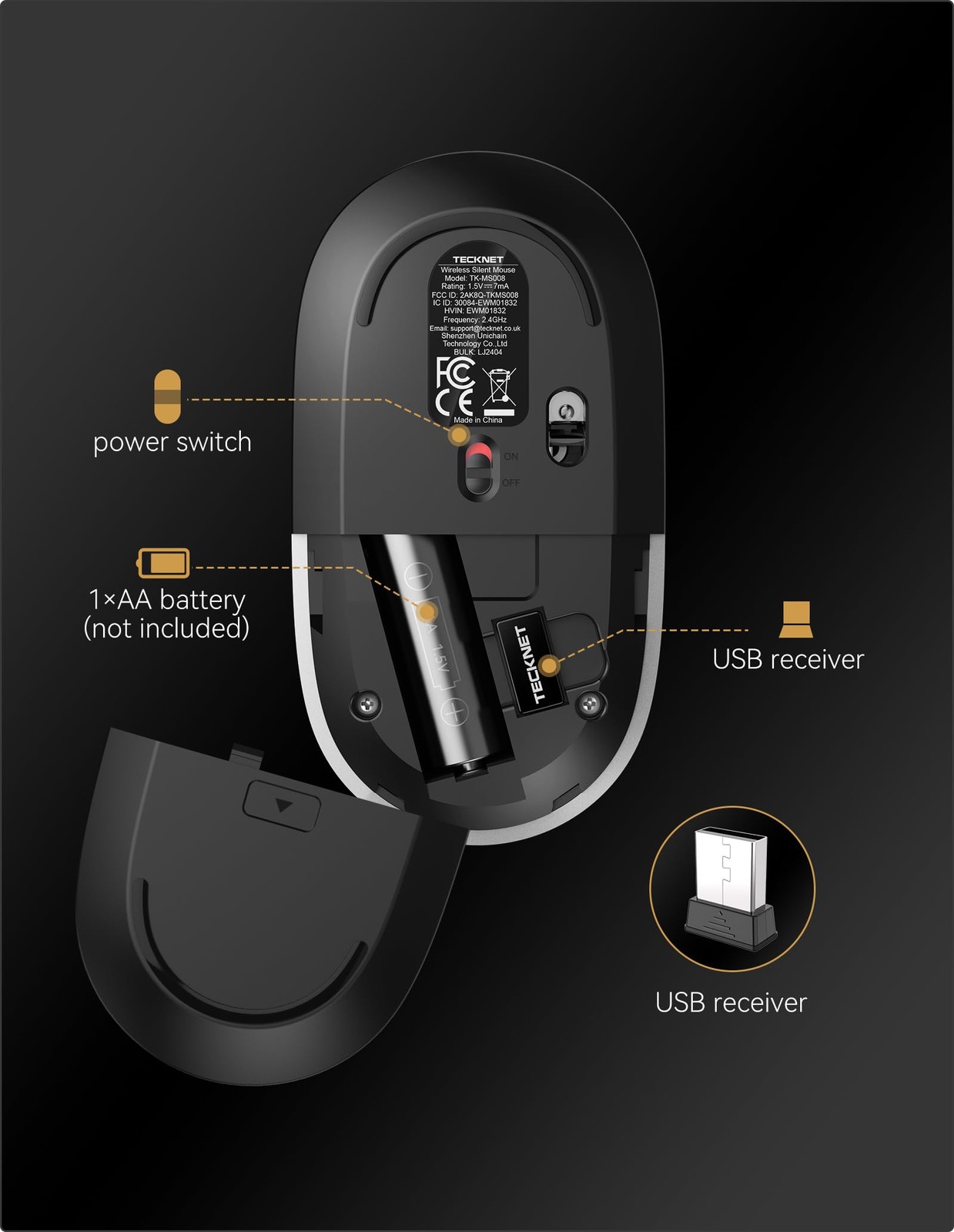 Silent Wireless Computer Mouse USBA 4800 DPI Ambidextrous Quiet Click
