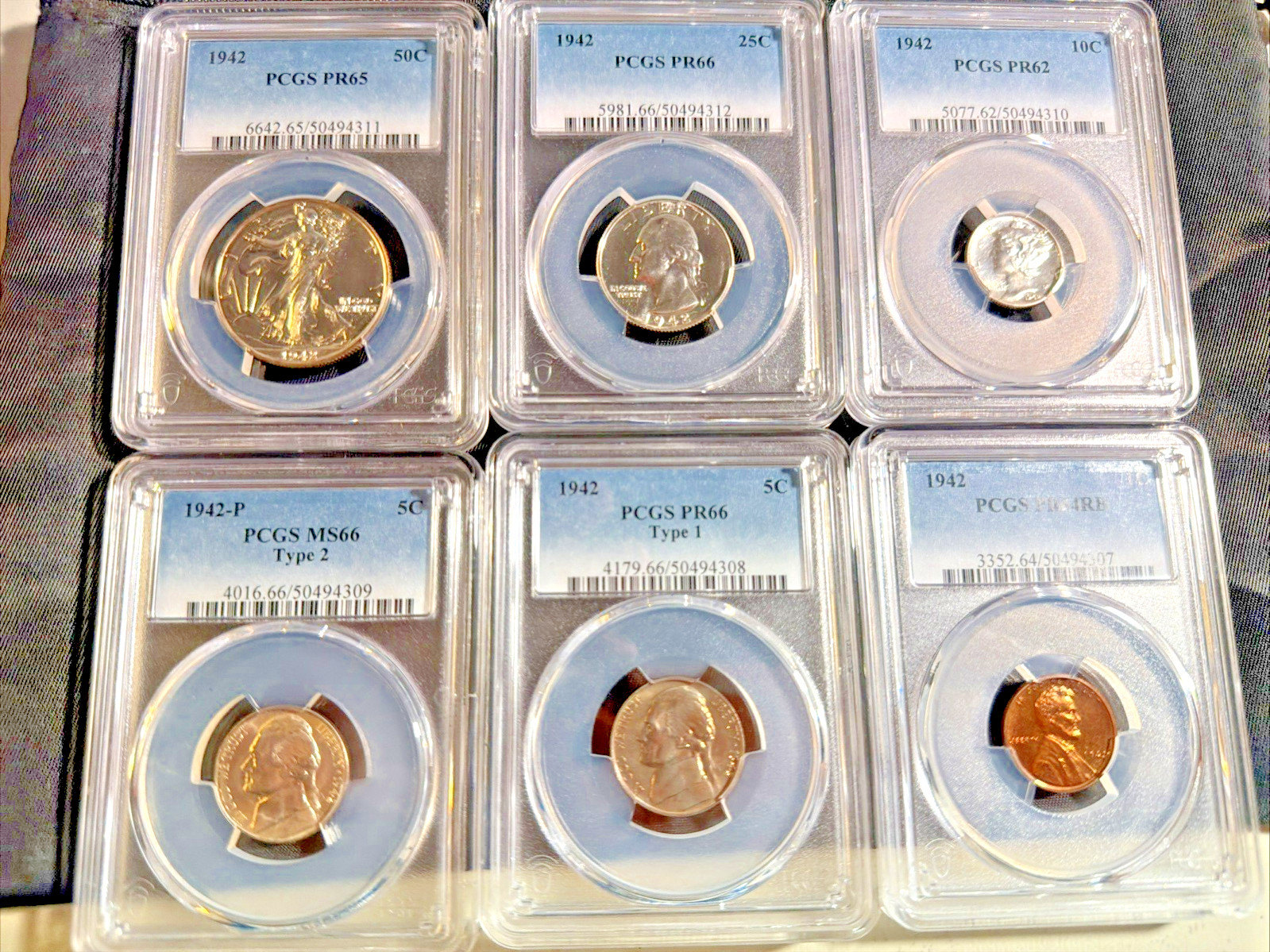 1942 PCGS Proof Set Pr 65,66 ,62, MS 66, PF66, PF64 RB.  Includes Both Nickels