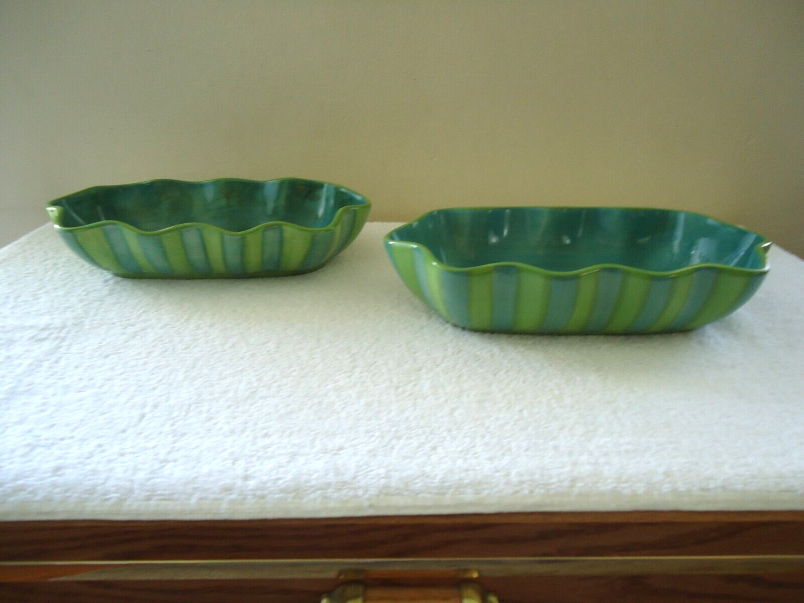 Vintage Set Of 2 Gail Pittman Designed Oval Blue & Green Ceramic Planters