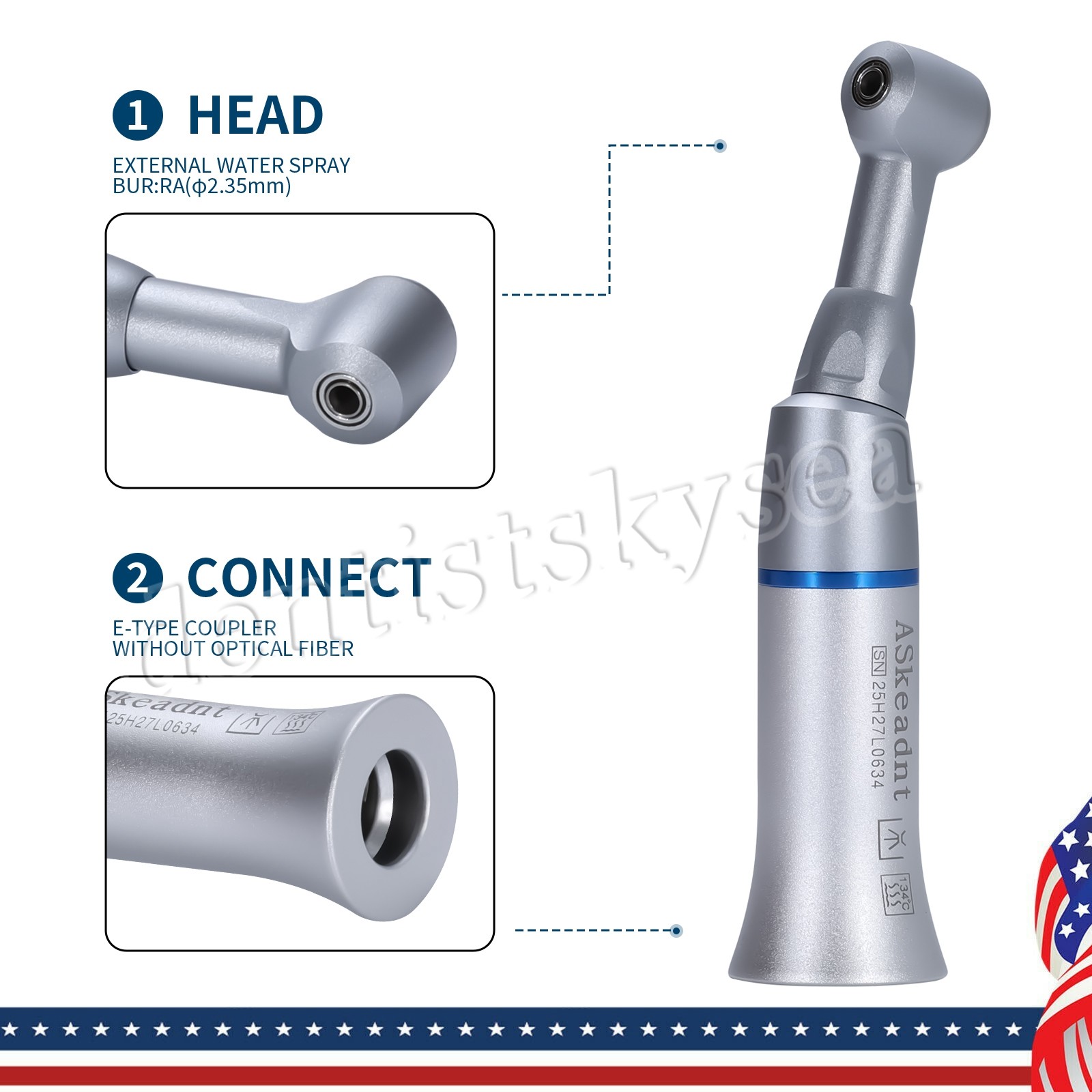 3Pcs Dental 1:1 Low Slow Speed Push Button Contra Angle Handpiece E-type AS