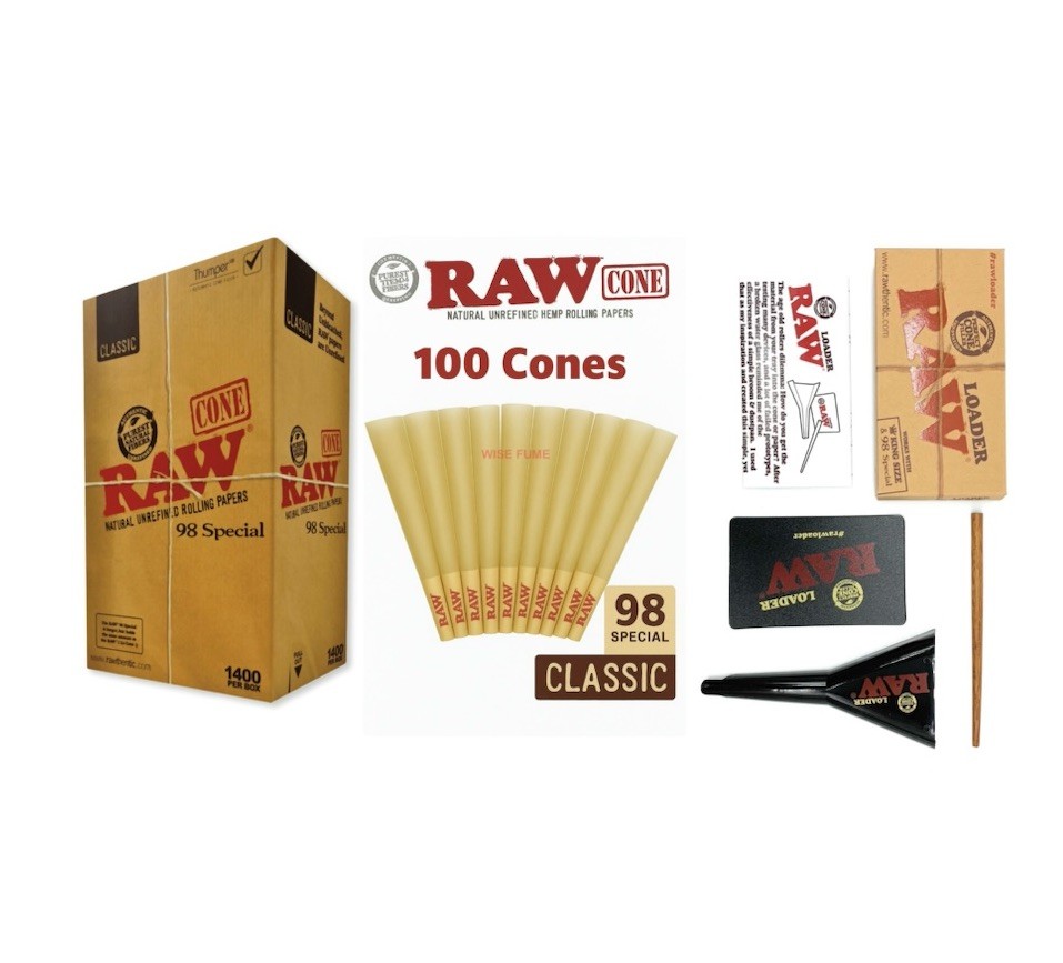 RAW classic 98 special Size Pre-Rolled Cones (100 Pack)+RAW 98 size cone loader