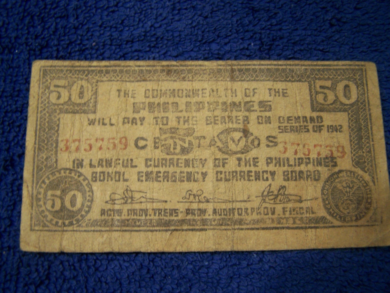 Philipines Emergency Currency, BOHOL, 1942 WWII, 50 Centavos, Serial #375759