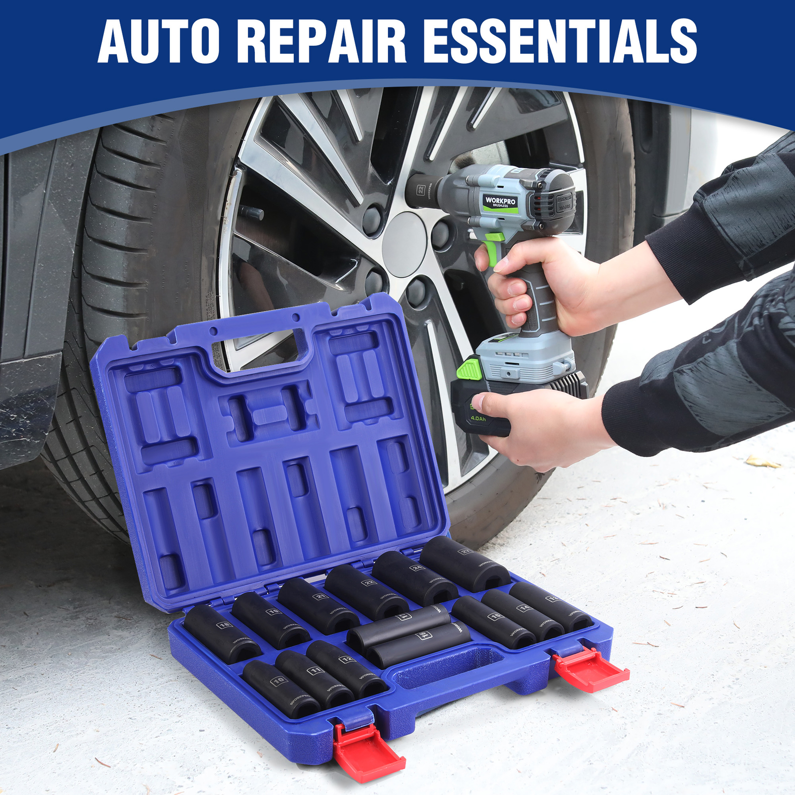WORKPRO 1/2''Drive Deep Impact Socket Set 6-Point Impact Deep w/Storage Case14pc