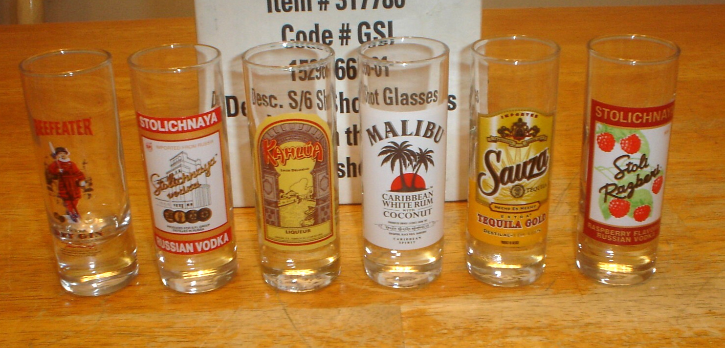 (Set of 6) Shot Glasses Beefeater, Stolichnaya, Malibu, Kahlua, Sauza w/ Box USA