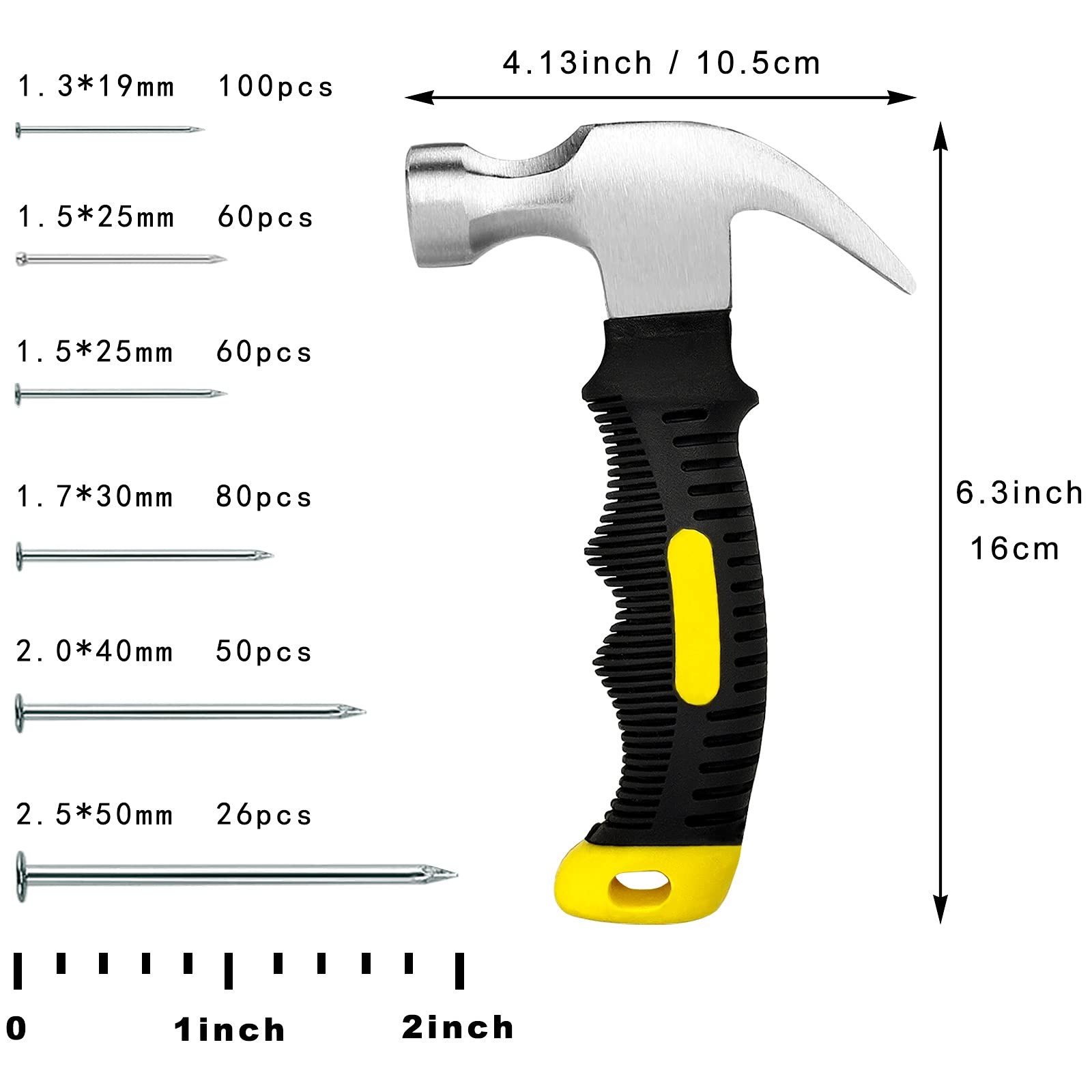 376pcs Hardware Nails Assortment Kit with 8oz Small Claw Hammer, Mini Hammer ...
