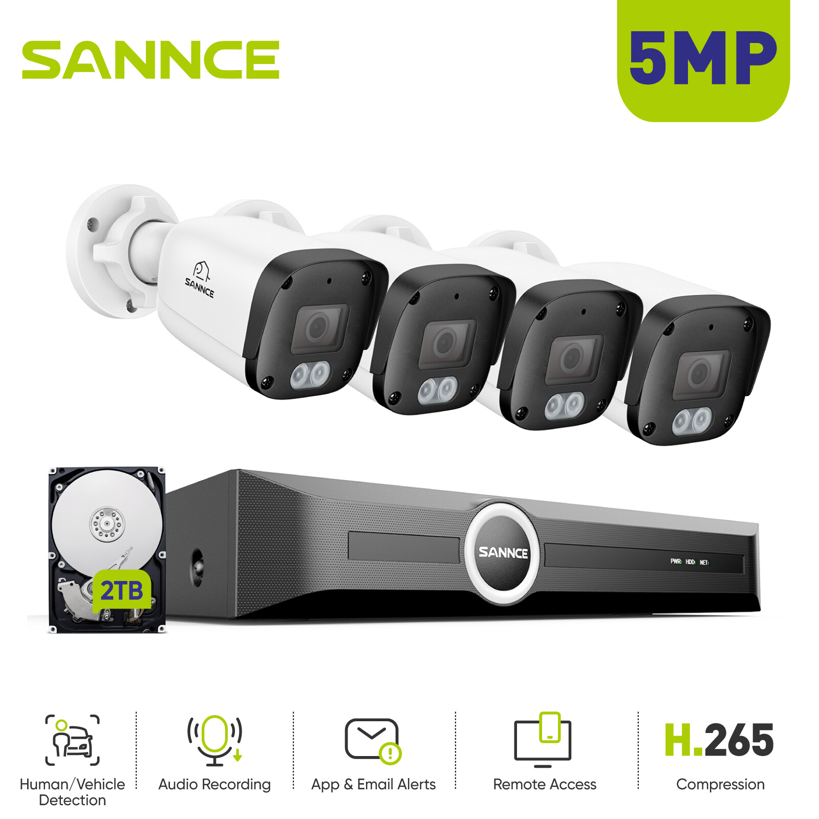 SANNCE 8CH NVR 5MP POE Audio Recording Security Camera System AI Detection 2TB