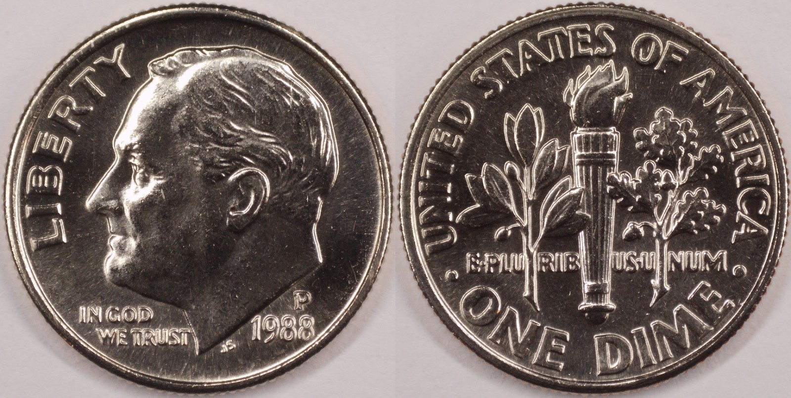 United States 1988 P 10 Cents Roosevelt Dime KM#195a Clad Torch Olive Oak Branch