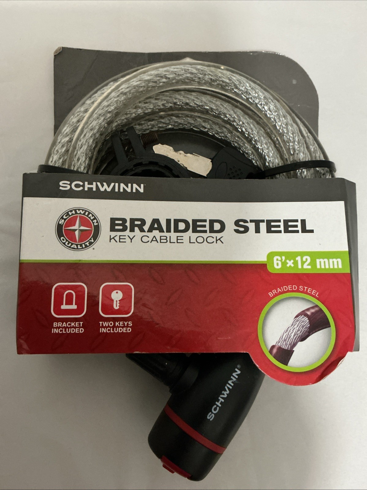 Schwinn Bicycle Lock Braided Steel Cable 2 Keys 6 feet x 12 mm Carrying Bracket