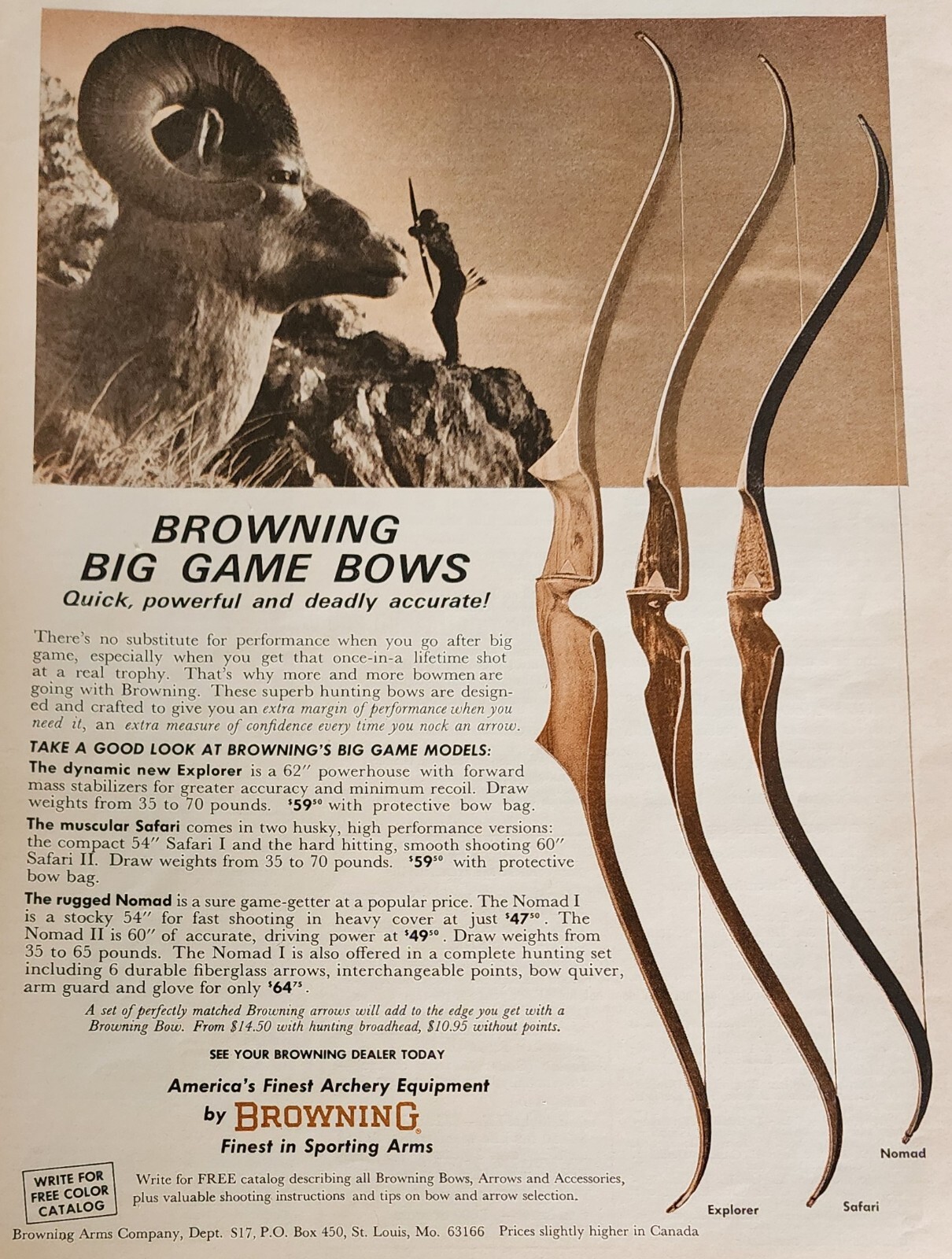 Browning Big Game Bow Picture Magazine Ad Vintage Retro Hunting Wall Art Decor