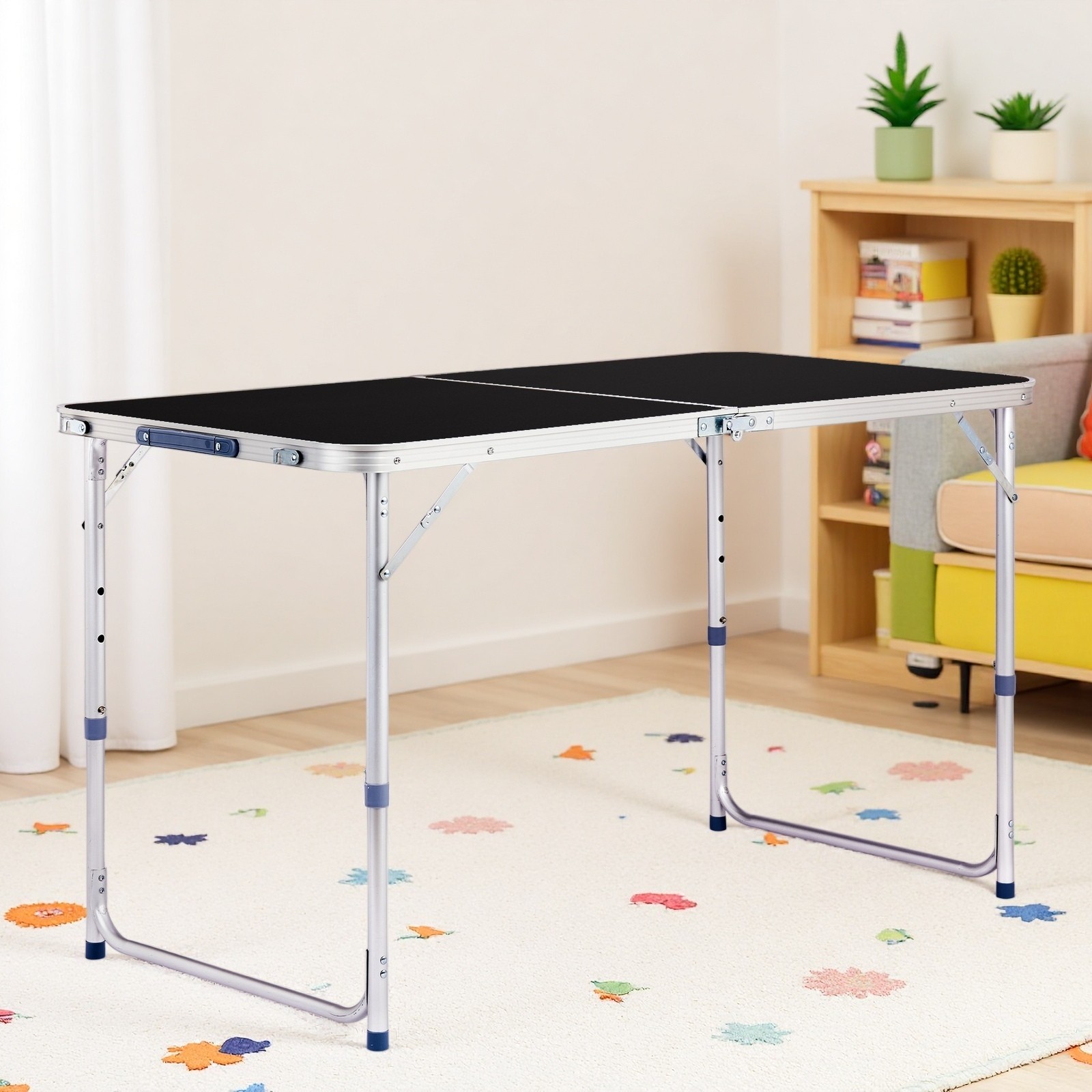 Folding Camping Table 4ft - Adjustable Patio Aluminum Frame Outdoor Picnic Black