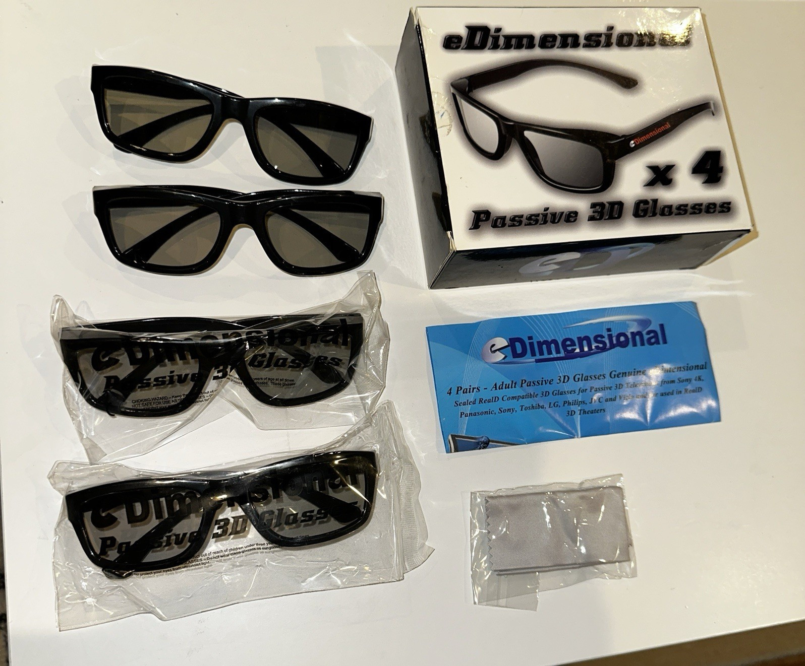 eDimensional Passive 3D Glasses 4 Pairs Adult Black RealD Compatible