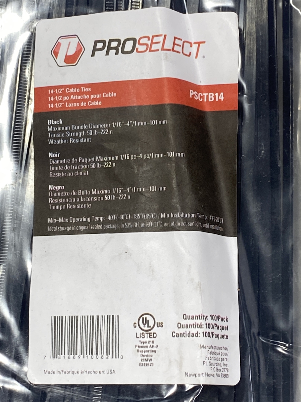 PROSELECT 14-1/2" Black Cable Ties, #PSCTB14, 100Count Package New