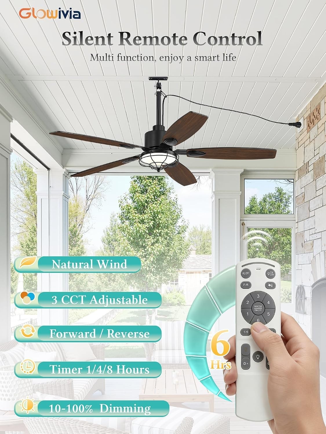 Large 52 in Ceiling Fan Indoor - Quiet DC Motor, Remote Control - Black