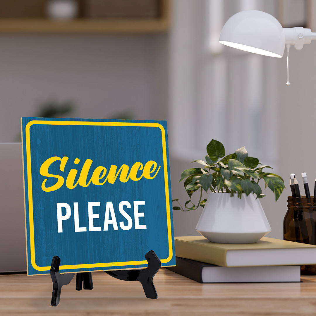 Silence Please 5"x 5" Square Table Sign With Acrylic Easel | Home Decor