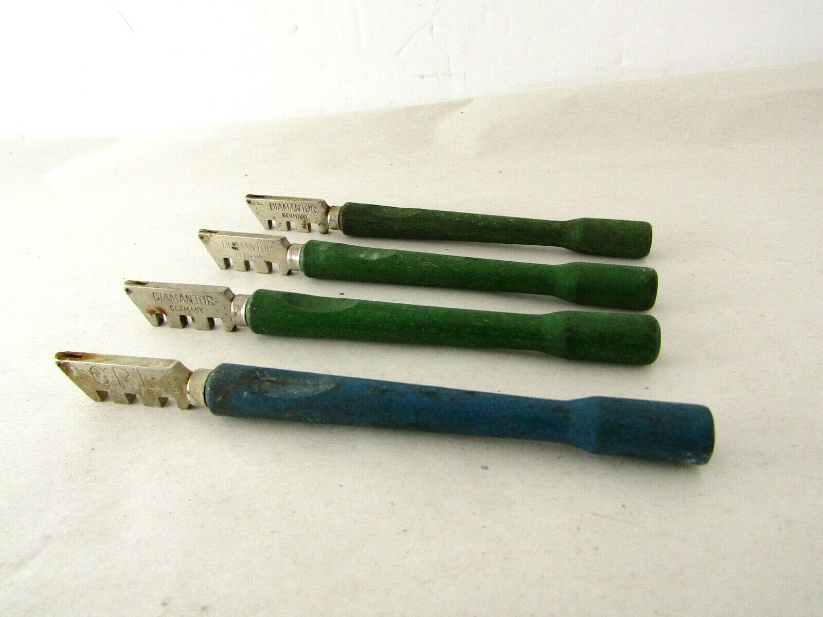 Lot of 3 Vintage Diamantor Glass Cutters No. 200 Green Handle Germany