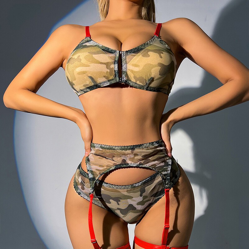 Womens Sexy-Lingerie Mesh Sheer Bra Set Nightwear Sleepwear G-string Underwear
