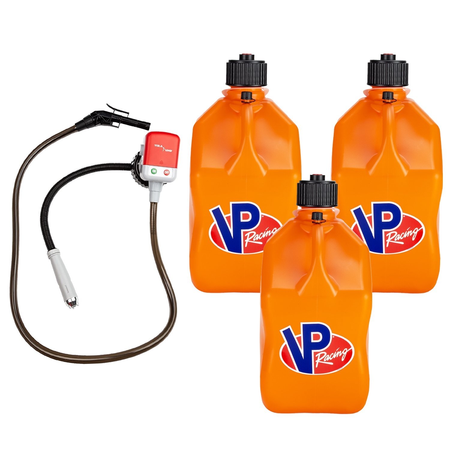 VP Racing 3572-CA, 5.5-Gal. Orange Jug(3PK) w/Battery Powered Fuel pump(1PK)
