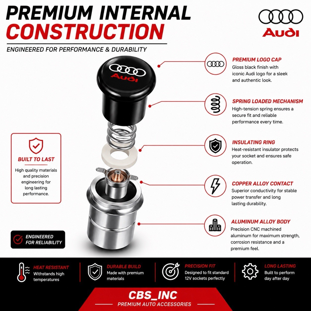 Audi Logo Car Cigarette Lighter Plug Push Button 12V Universal Auto Accessory